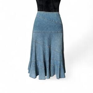 90s Vintage DKNY Jeans Blue Denim Midi Skirt – Paneled Flare[size 8]